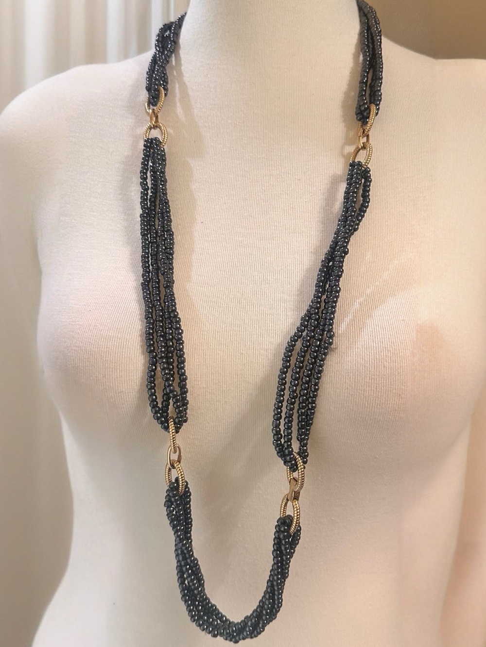 Source Unknown Black Beaded Multi-Strand Necklace with Gold Accents